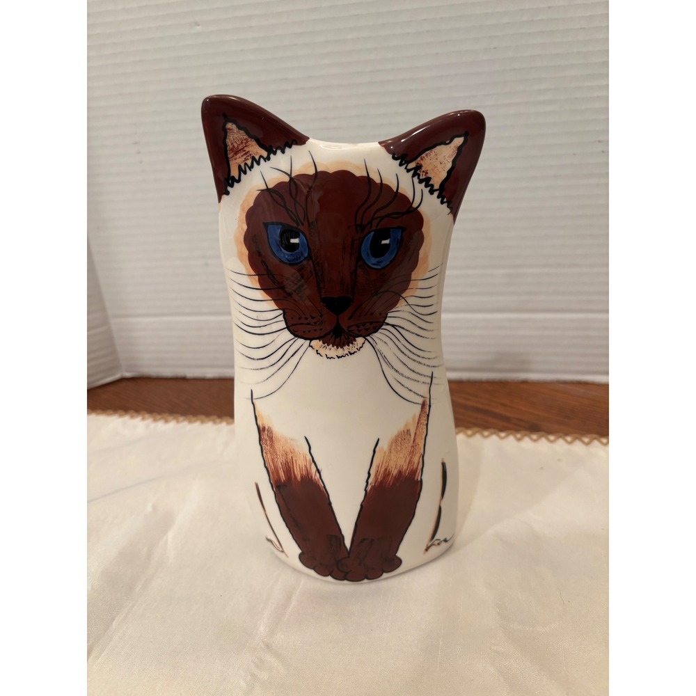 Cats by Nina Siamese Cat Ceramic Vase Nina Lyman Hand Painted Blue Eyes Vintage